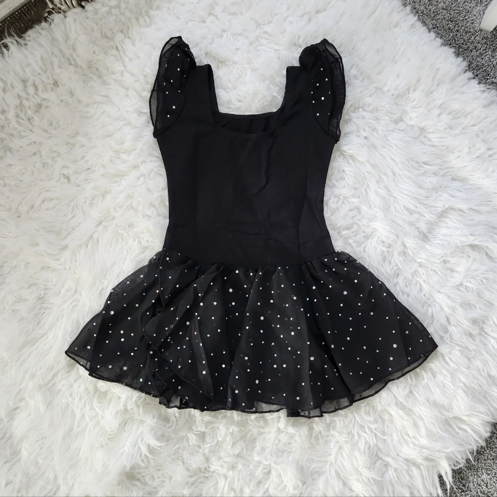 Arshiner Girls Ruffle Sleeve Ballet Dance Dress Tutu Skirted Leotard. Black.  Si